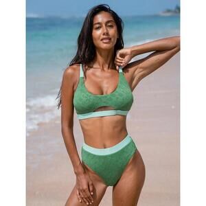 Berlook Dark Green Contrast Jacquard Cut Out Bikini SMALL NWT